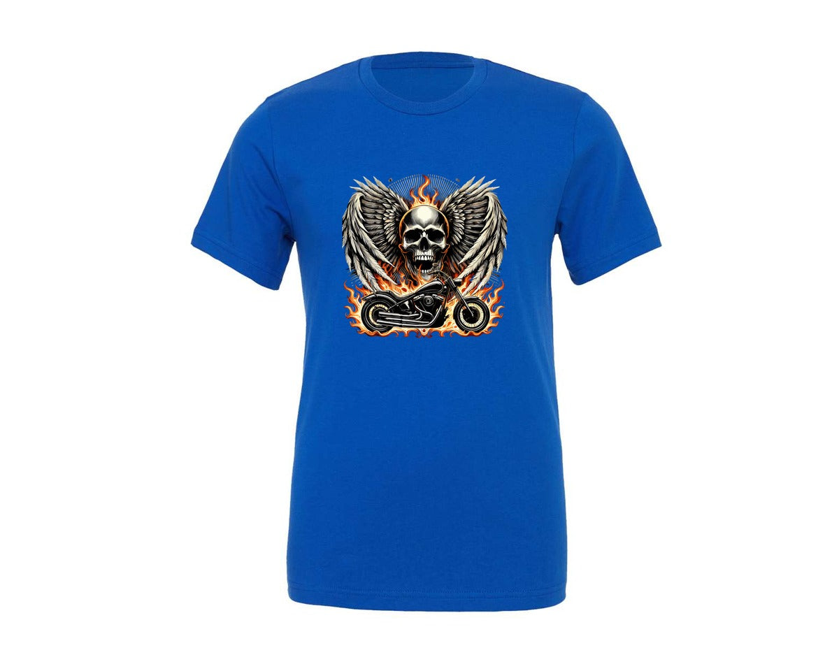 brand:Generic|color:True Royal Blue|flaming-skull-motorcycle-fire-wings-graphic-t-shirt