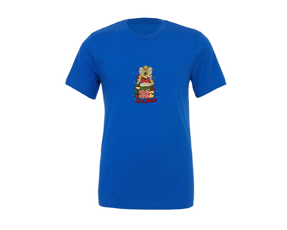 brand:Generic|color:True Royal Blue|teacher-pencil-tree-bow-christmas-graphic-t-shirt