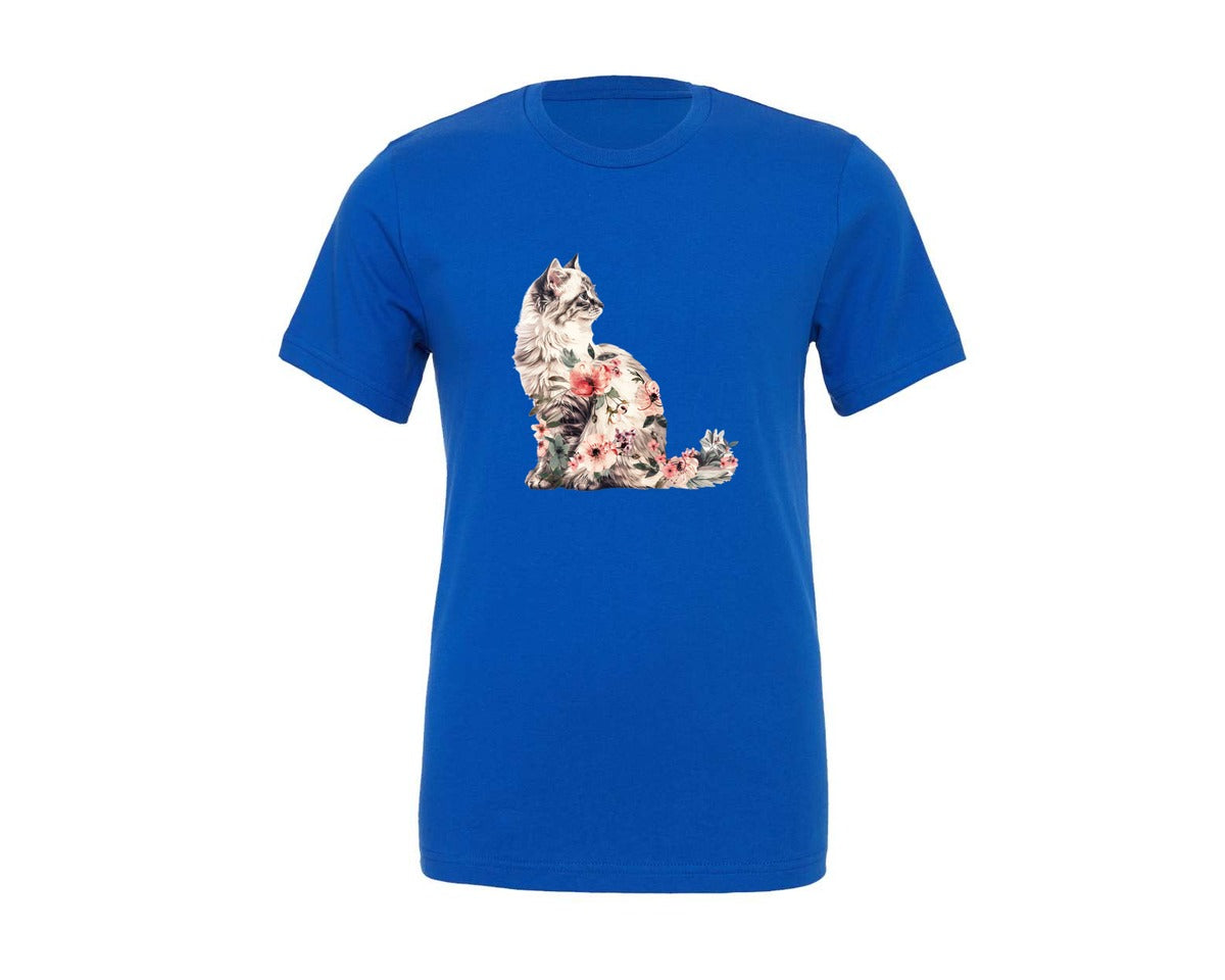 brand:Generic|color:True Royal Blue|vintage-floral-cat-graphic-t-shirt
