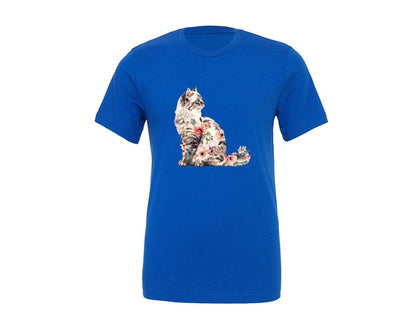brand:Generic|color:True Royal Blue|vintage-floral-cat-graphic-t-shirt