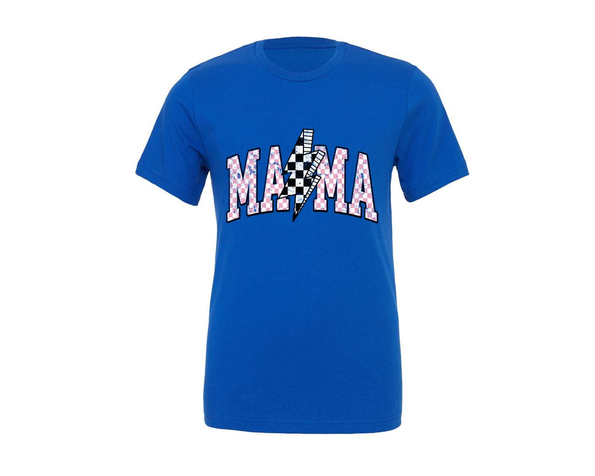 brand:Generic|color:True Royal Blue|retro-mama-checkered-lightning-bolt-2-graphic-t-shirt