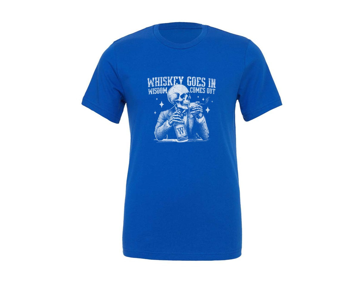 brand:Generic|color:True Royal Blue|skull-whiskey-goes-in-wisdom-comes-out-graphic-t-shirt
