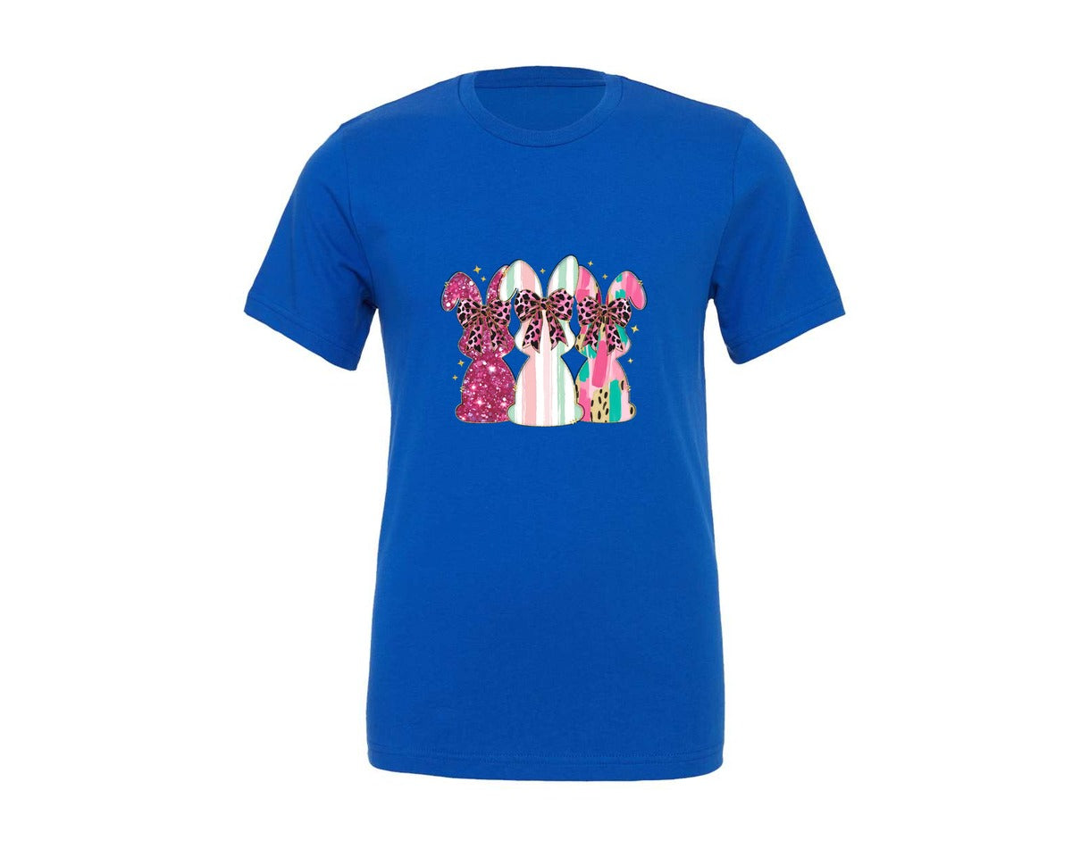 brand:Generic|color:True Royal Blue|happy-easter-glitter-bunny-bow-graphic-t-shirt