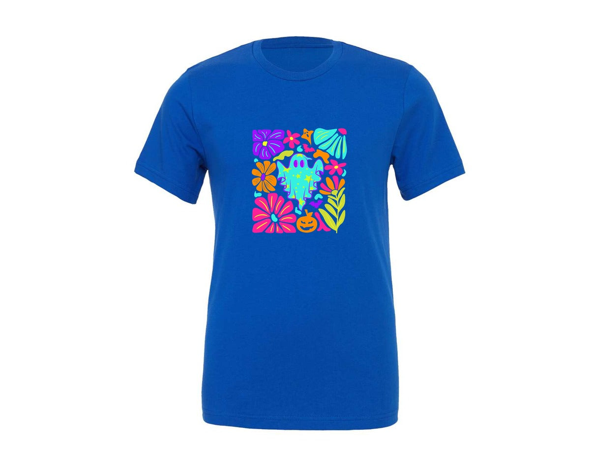 brand:Generic|color:True Royal Blue|neon-halloween-floral-ghost-graphic-t-shirt