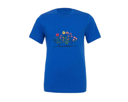 brand:Generic|color:True Royal Blue|flower-teacher-boho-floral-teacher-graphic-t-shirt