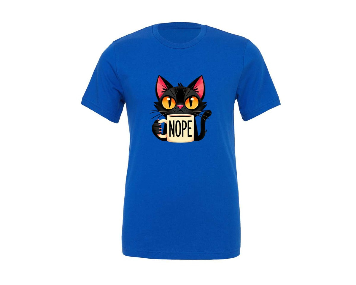 brand:Generic|color:True Royal Blue|grumpy-black-cat-with-coffee-mug-graphic-t-shirt