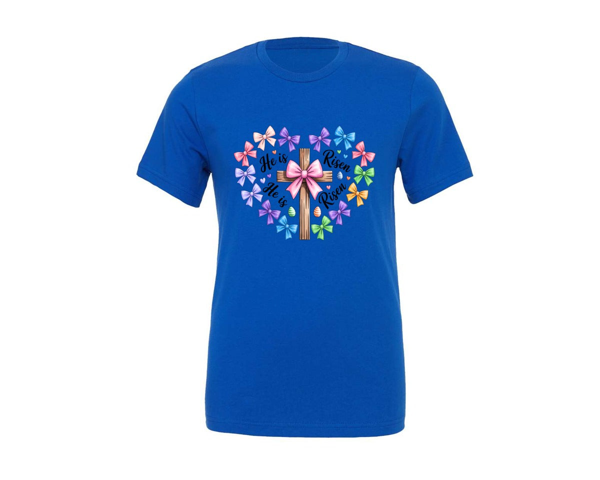 brand:Generic|color:True Royal Blue|he-is-risen-easter-christian-cross-graphic-t-shirt