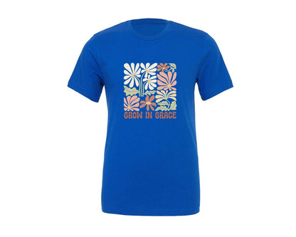 brand:Generic|color:True Royal Blue|grow-in-grace-boho-flowers-graphic-t-shirt