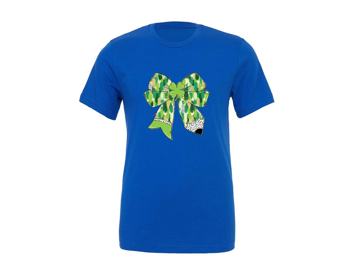 brand:Generic|color:True Royal Blue|teacher-st-patricks-day-pencil-bow-2-graphic-t-shirt
