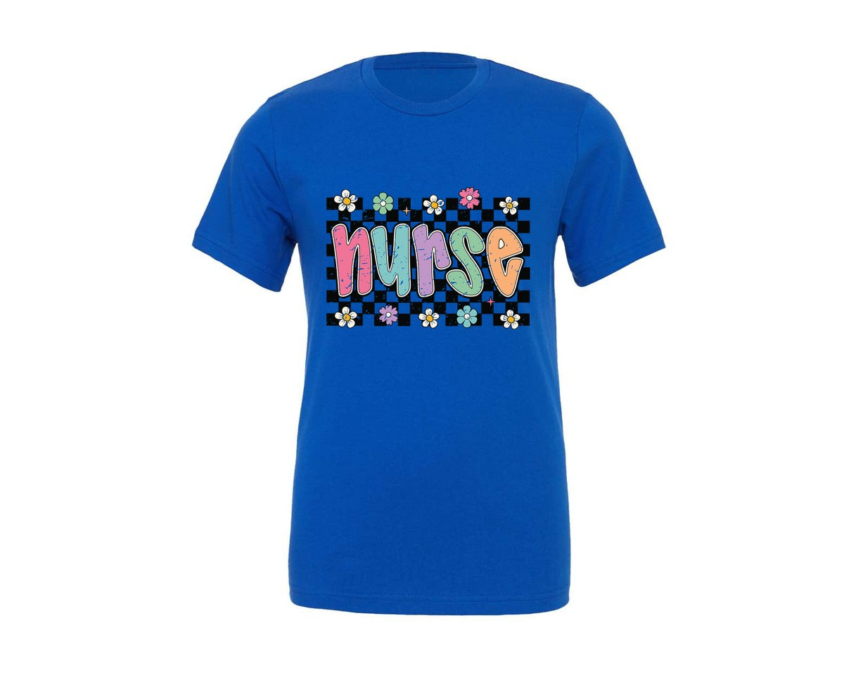 brand:Generic|color:True Royal Blue|nurse-retro-checkered-nurse-floral-graphic-t-shirt