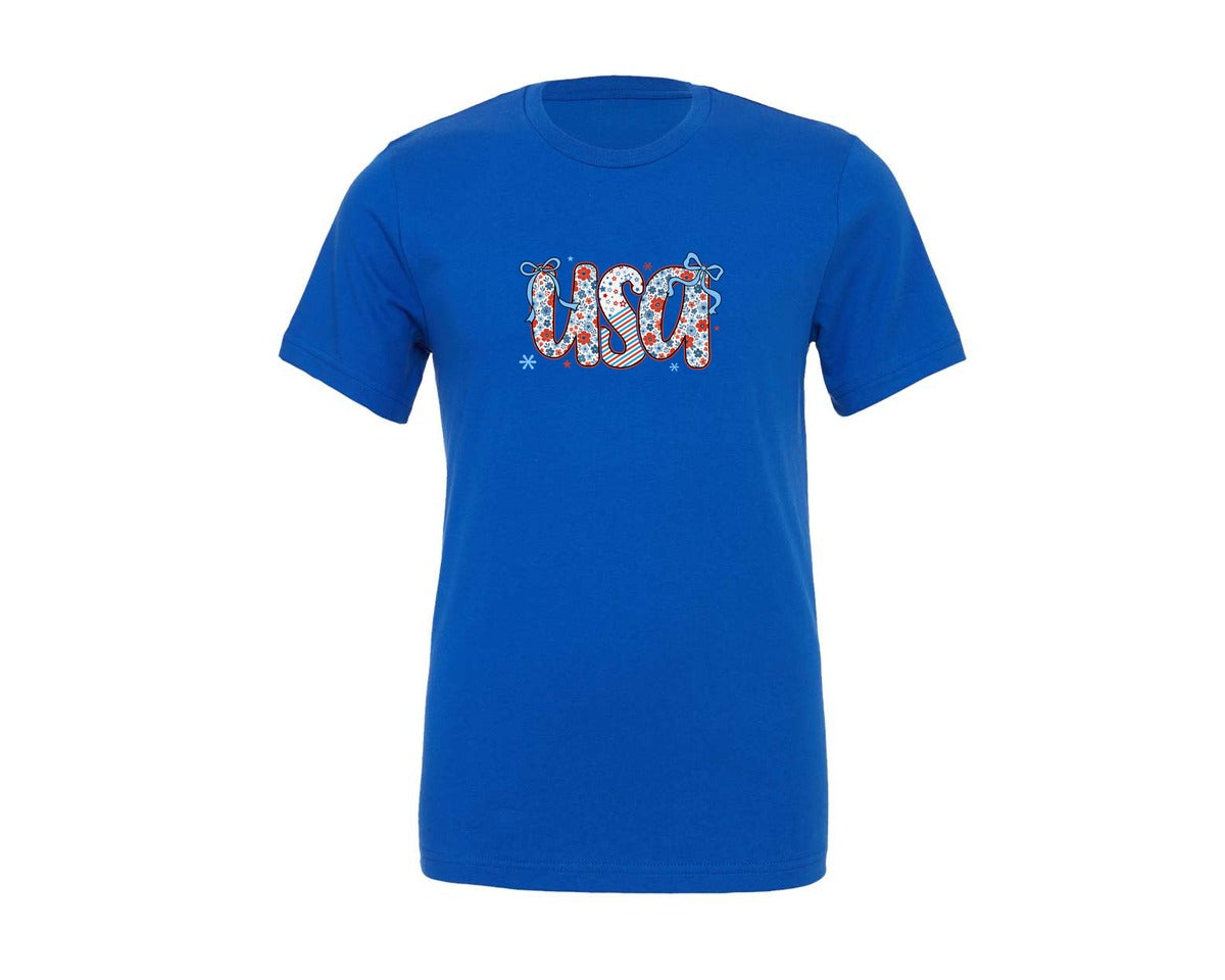 brand:Generic|color:True Royal Blue|usa-floral-coquette-bow-usa-graphic-t-shirt