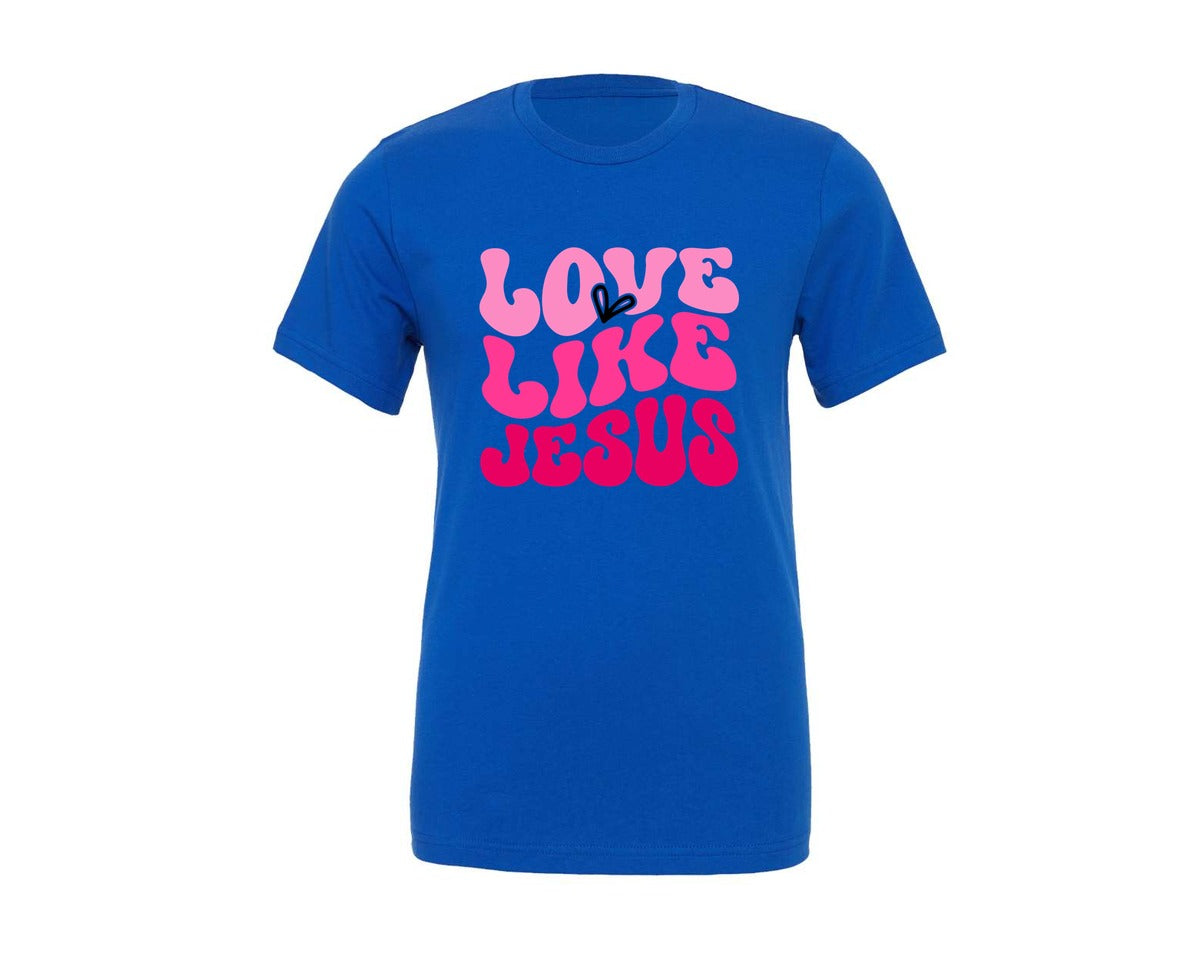 brand:Generic|color:True Royal Blue|love-like-jesus-valentines-day-bun-graphic-t-shirt