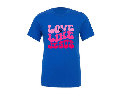 brand:Generic|color:True Royal Blue|love-like-jesus-valentines-day-bun-graphic-t-shirt
