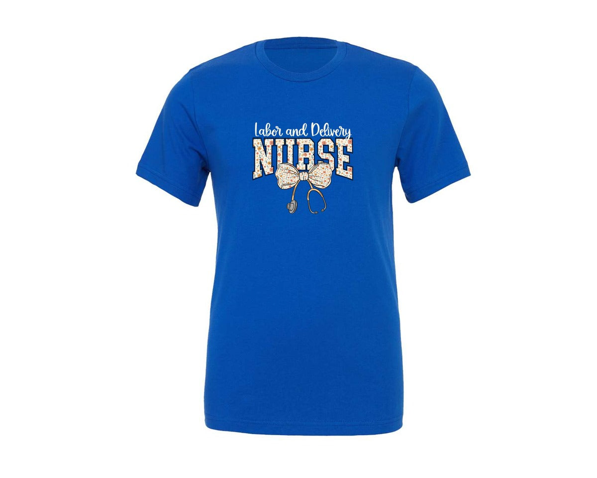 brand:Generic|color:True Royal Blue|labor-and-delivery-nurse-coquette-floral-graphic-t-shirt