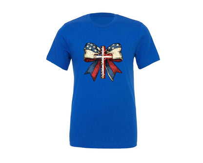 brand:Generic|color:True Royal Blue|christian-cross-4th-of-july-usa-bow-graphic-t-shirt