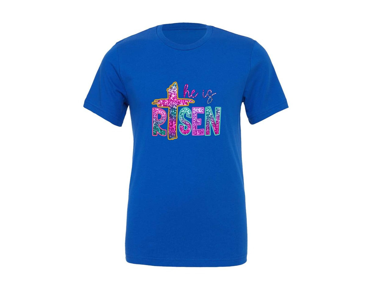 brand:Generic|color:True Royal Blue|easter-cross-he-is-risen-sequin-faux-graphic-t-shirt