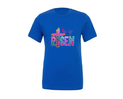 brand:Generic|color:True Royal Blue|easter-cross-he-is-risen-sequin-faux-graphic-t-shirt