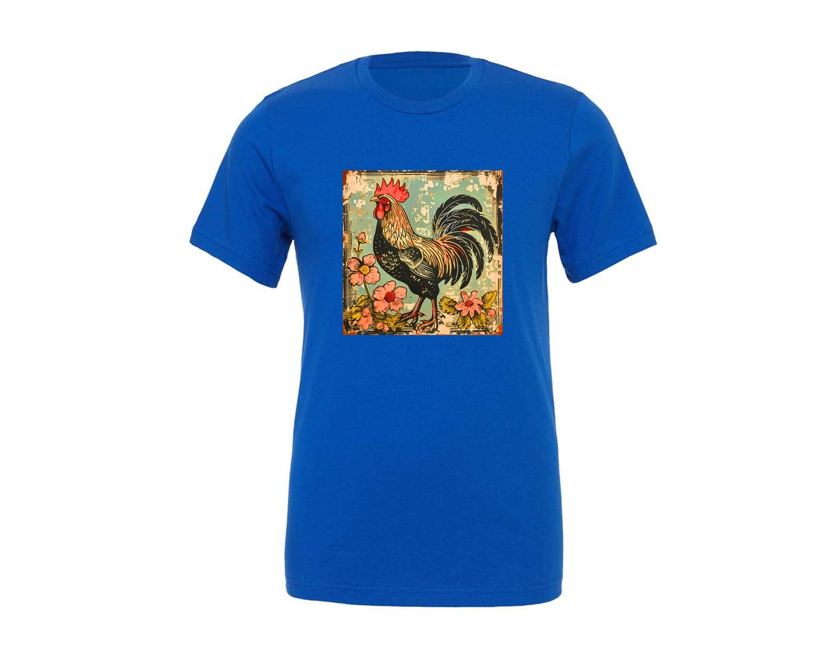 brand:Generic|color:True Royal Blue|retro-wildflower-chicken-farm-girl-graphic-t-shirt