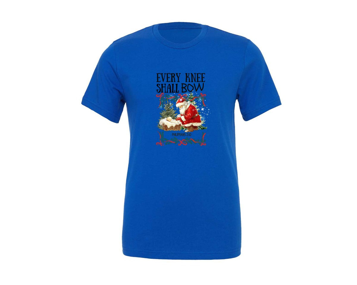 brand:Generic|color:True Royal Blue|nativity-scene-kneeling-santa-graphic-t-shirt