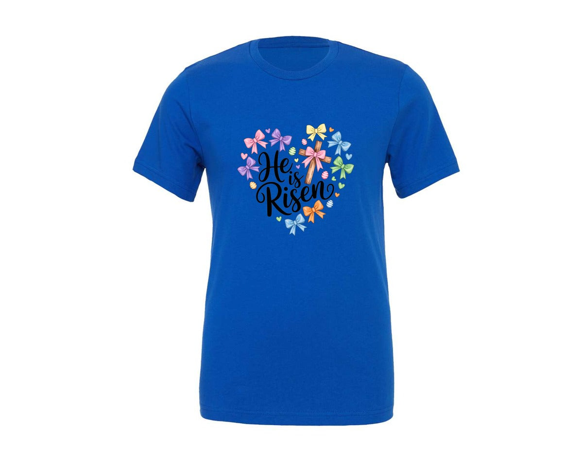 brand:Generic|color:True Royal Blue|christian-easter-cross-he-is-risen-graphic-t-shirt