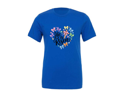 brand:Generic|color:True Royal Blue|christian-easter-cross-he-is-risen-graphic-t-shirt
