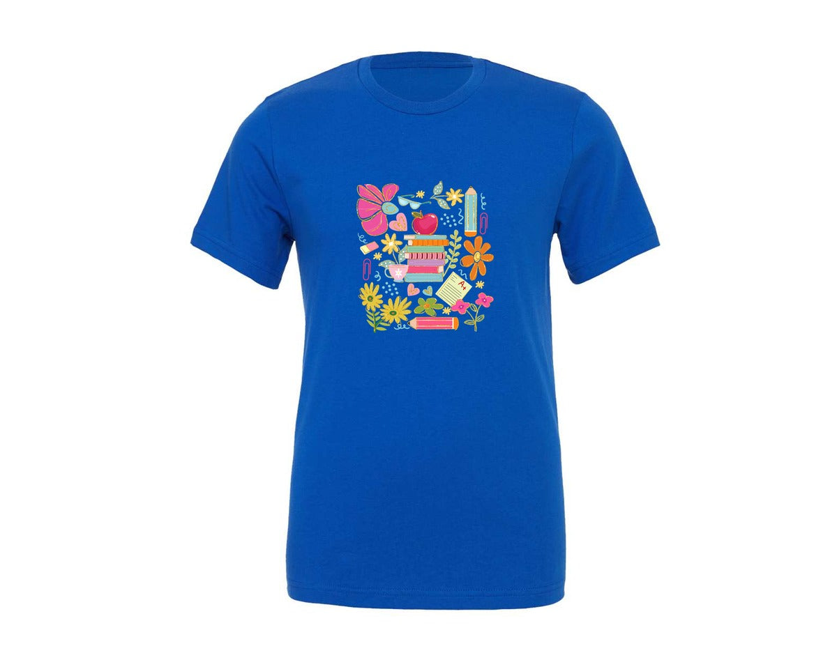 brand:Generic|color:True Royal Blue|boho-teacher-floral-teacher-2-graphic-t-shirt