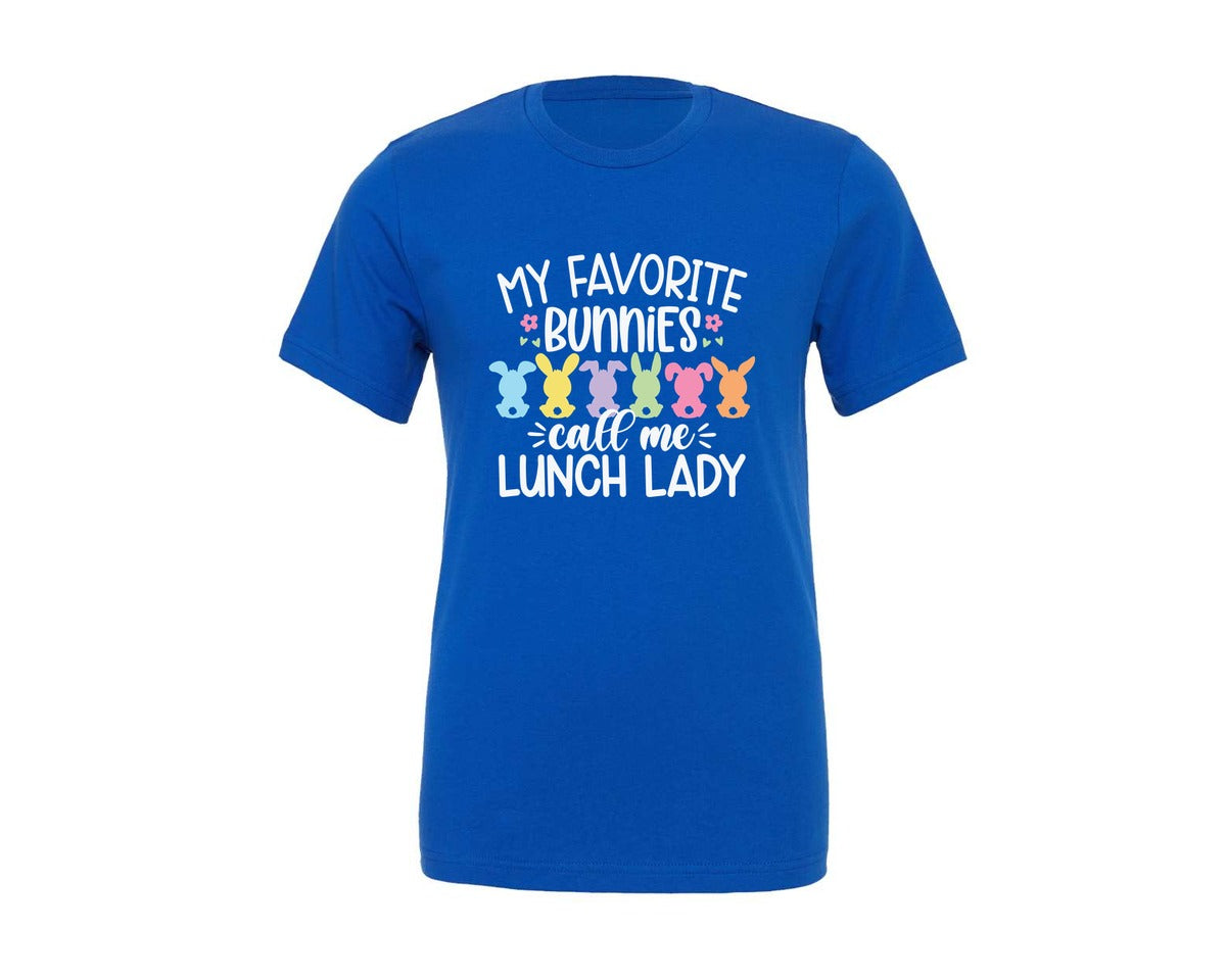 brand:Generic|color:True Royal Blue|easter-lunch-lady-funny-bunny-shirt-graphic-t-shirt