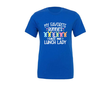 brand:Generic|color:True Royal Blue|easter-lunch-lady-funny-bunny-shirt-graphic-t-shirt
