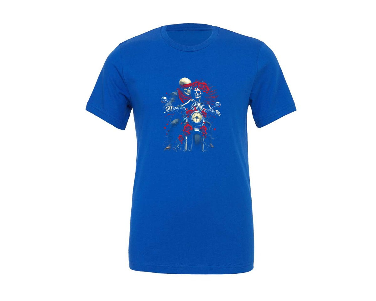 brand:Generic|color:True Royal Blue|skeleton-couple-on-motorcycle-graphic-t-shirt