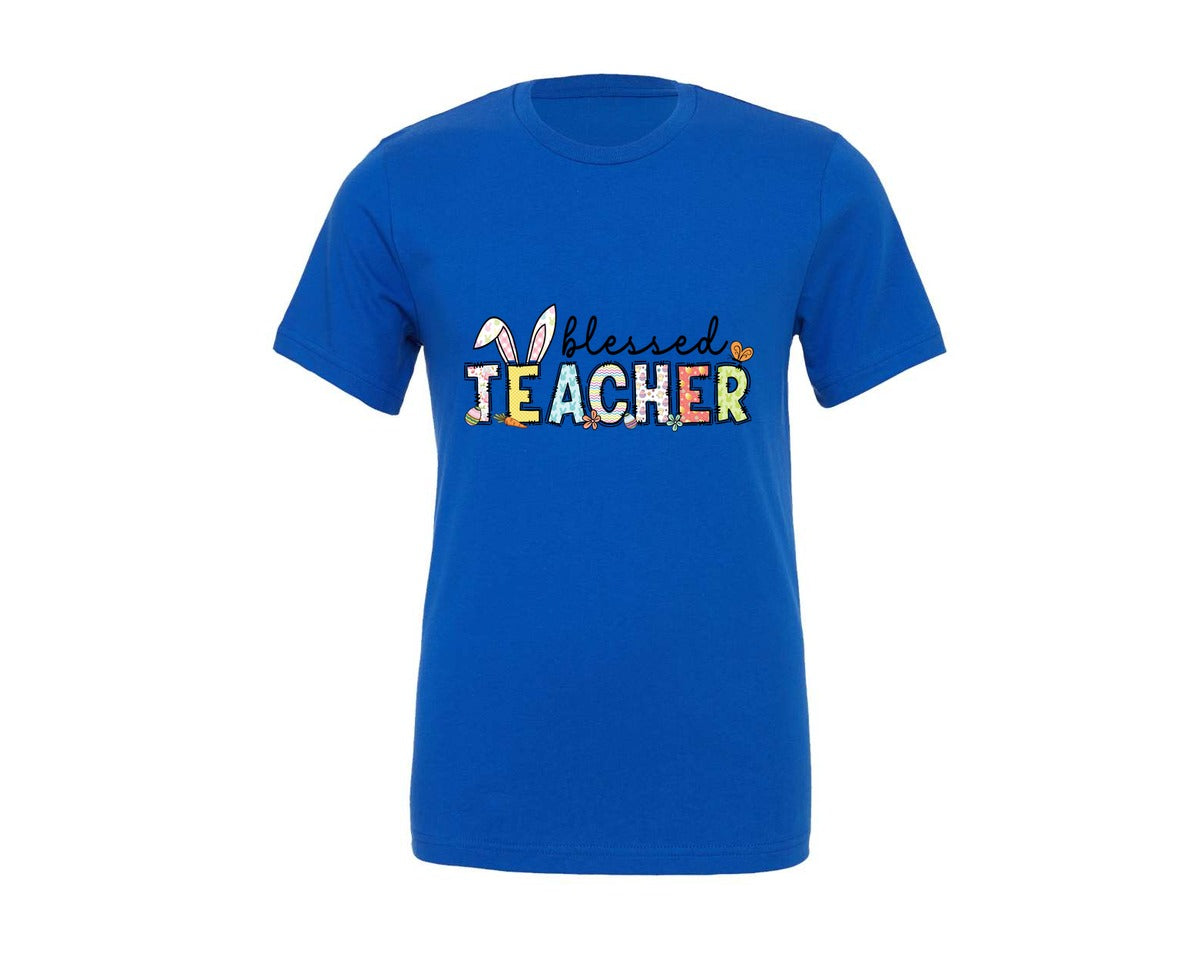 brand:Generic|color:True Royal Blue|blessed-teacher-easter-bunny-shirt-graphic-t-shirt