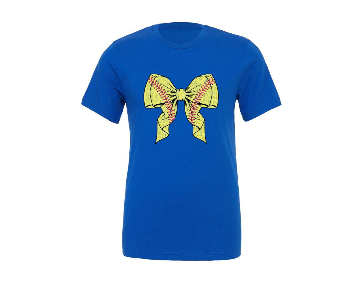 brand:Generic|color:True Royal Blue|coquette-softball-distressed-pink-bow-graphic-t-shirt