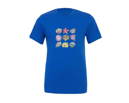brand:Generic|color:True Royal Blue|floral-summer-seashell-coquette-graphic-t-shirt
