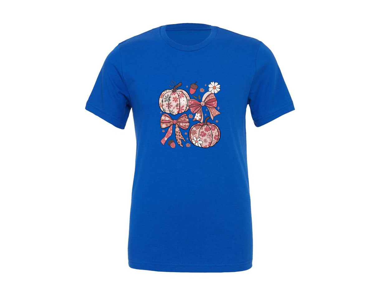 brand:Generic|color:True Royal Blue|preppy-floral-fall-pumpkin-bow-shirt-graphic-t-shirt