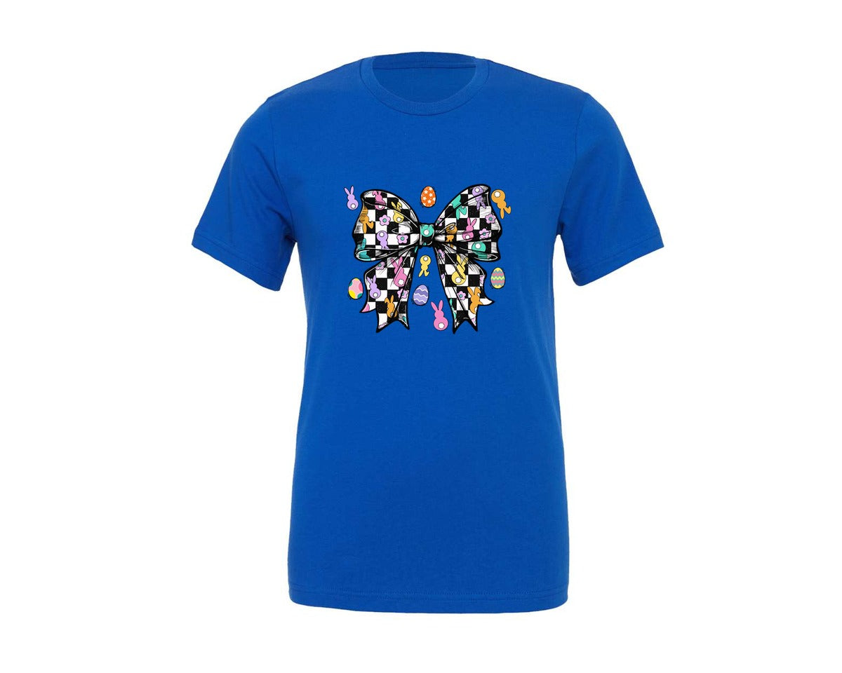 brand:Generic|color:True Royal Blue|coquette-easter-bunny-checkered-girly-graphic-t-shirt