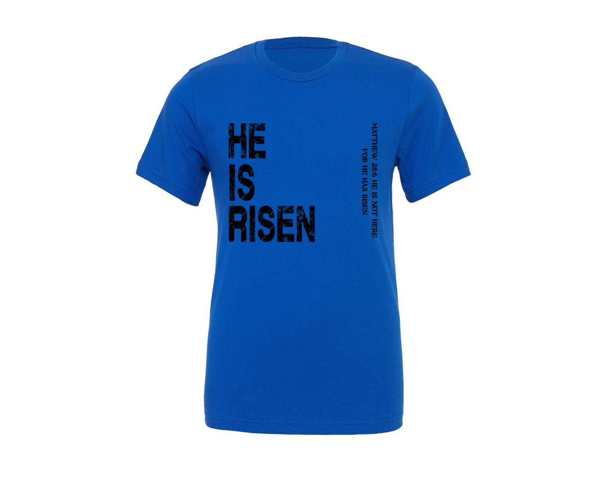 brand:Generic|color:True Royal Blue|he-is-risen-matthew-286-easter-graphic-t-shirt