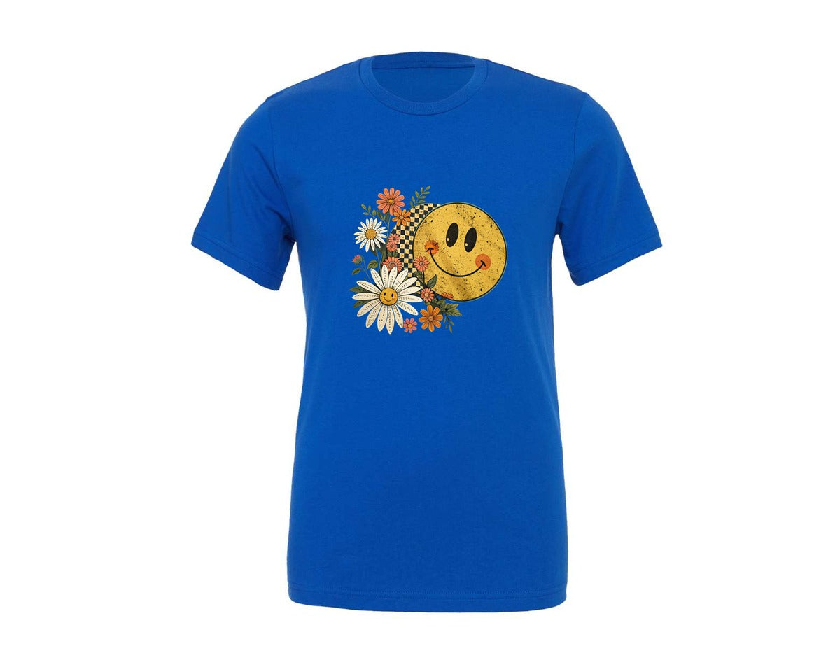 brand:Generic|color:True Royal Blue|floral-fall-smiley-face-3-graphic-t-shirt