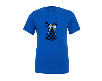 brand:Generic|color:True Royal Blue|bunny-checkered-easter-spring-bow-doodle-graphic-t-shirt
