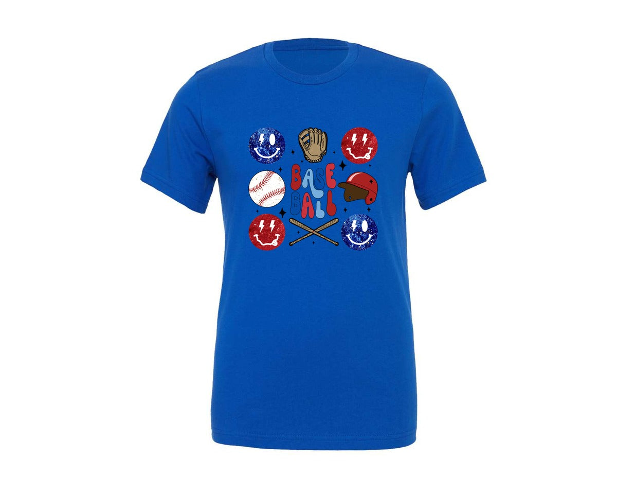 brand:Generic|color:True Royal Blue|retro-smiley-glitter-baseball-graphic-t-shirt