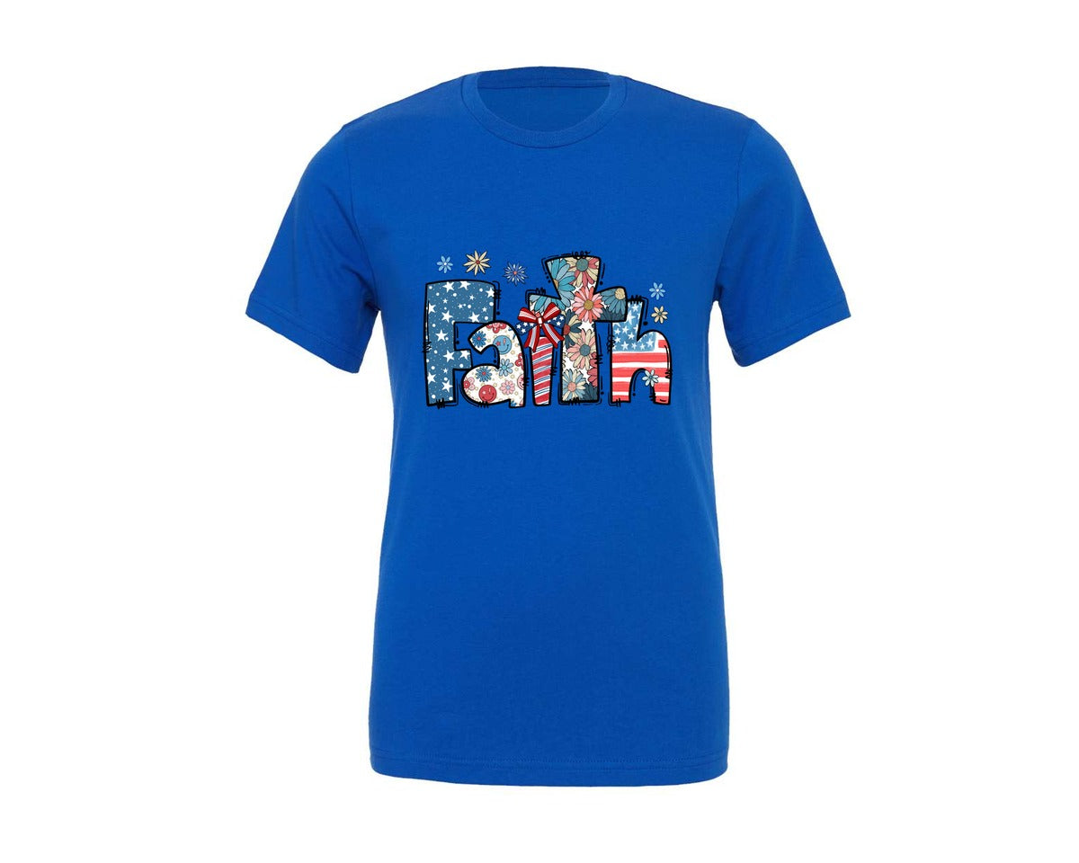 brand:Generic|color:True Royal Blue|faith-cross-usa-flag-america-lettered-graphic-t-shirt