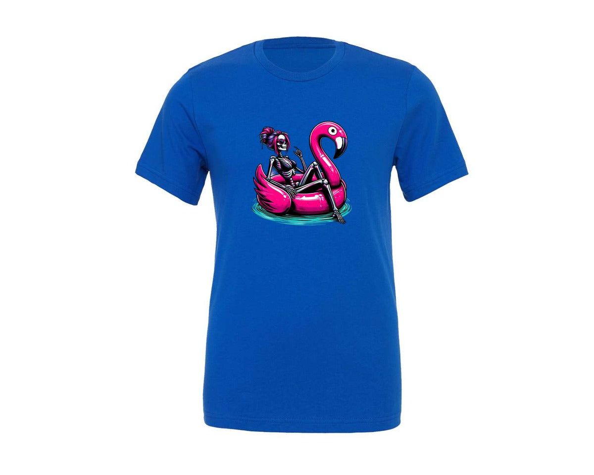brand:Generic|color:True Royal Blue|flamingo-skeleton-summer-pool-party-graphic-t-shirt