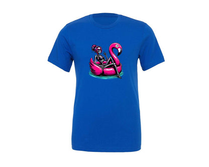 brand:Generic|color:True Royal Blue|flamingo-skeleton-summer-pool-party-graphic-t-shirt