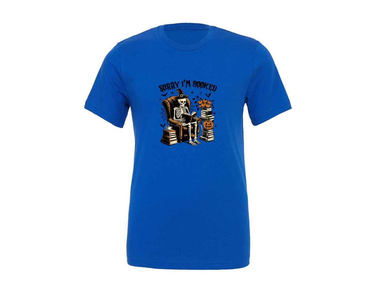 brand:Generic|color:True Royal Blue|funny-halloween-skeleton-books-graphic-t-shirt