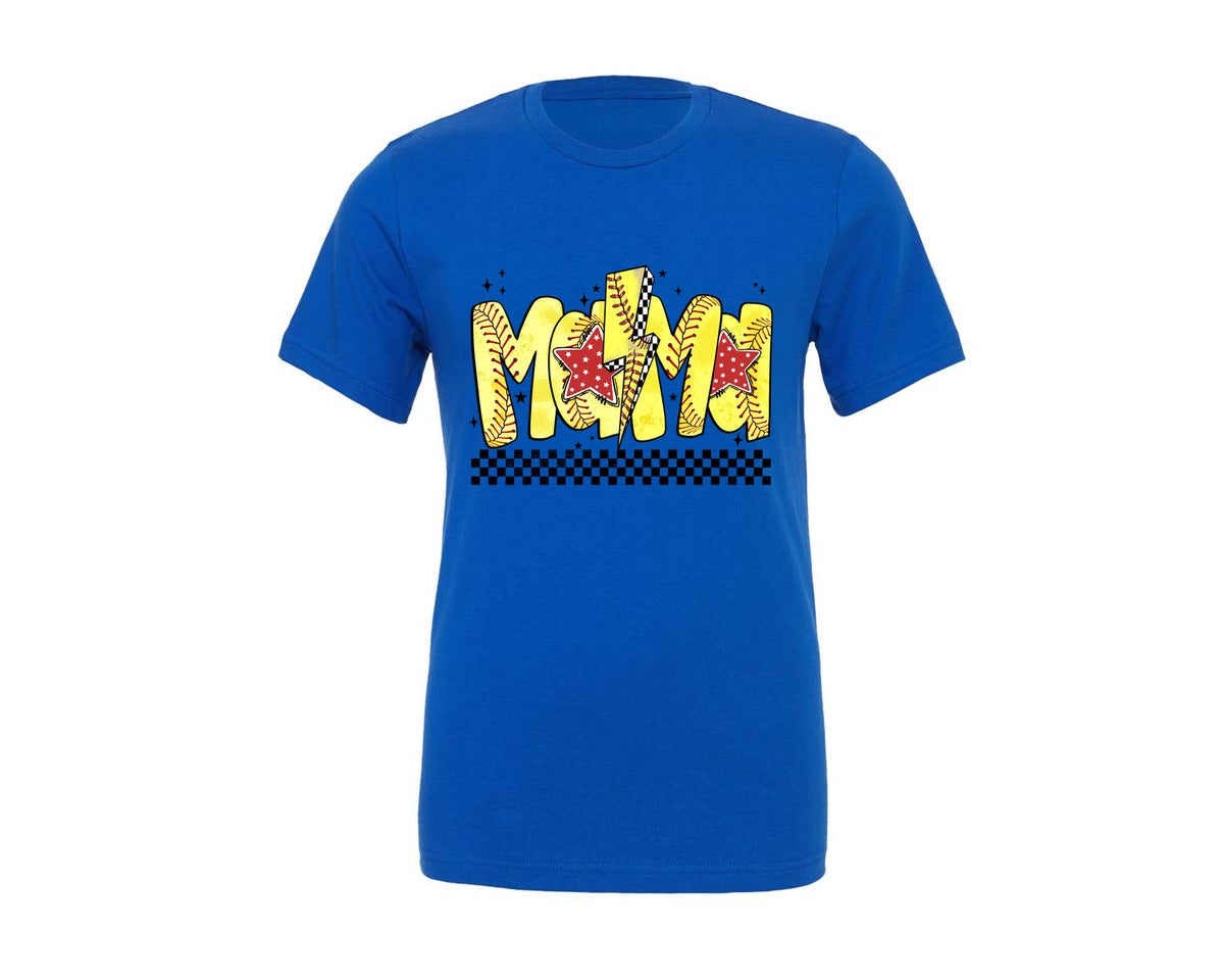 brand:Generic|color:True Royal Blue|softball-mama-lightning-bolt-checkered-graphic-t-shirt