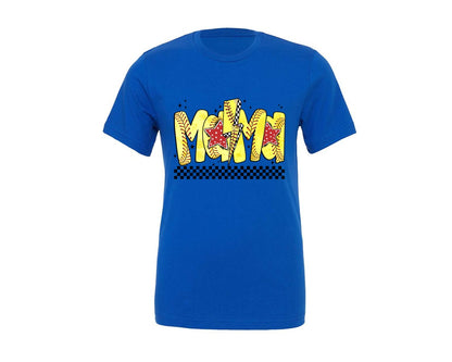 brand:Generic|color:True Royal Blue|softball-mama-lightning-bolt-checkered-graphic-t-shirt