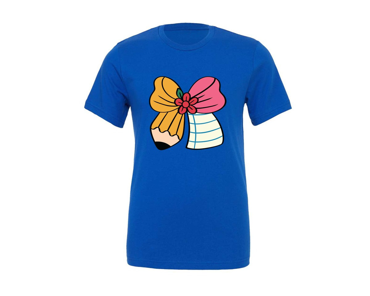 brand:Generic|color:True Royal Blue|pencil-coquette-bow-teacher-crayon-graphic-t-shirt