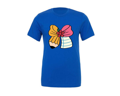 brand:Generic|color:True Royal Blue|pencil-coquette-bow-teacher-crayon-graphic-t-shirt