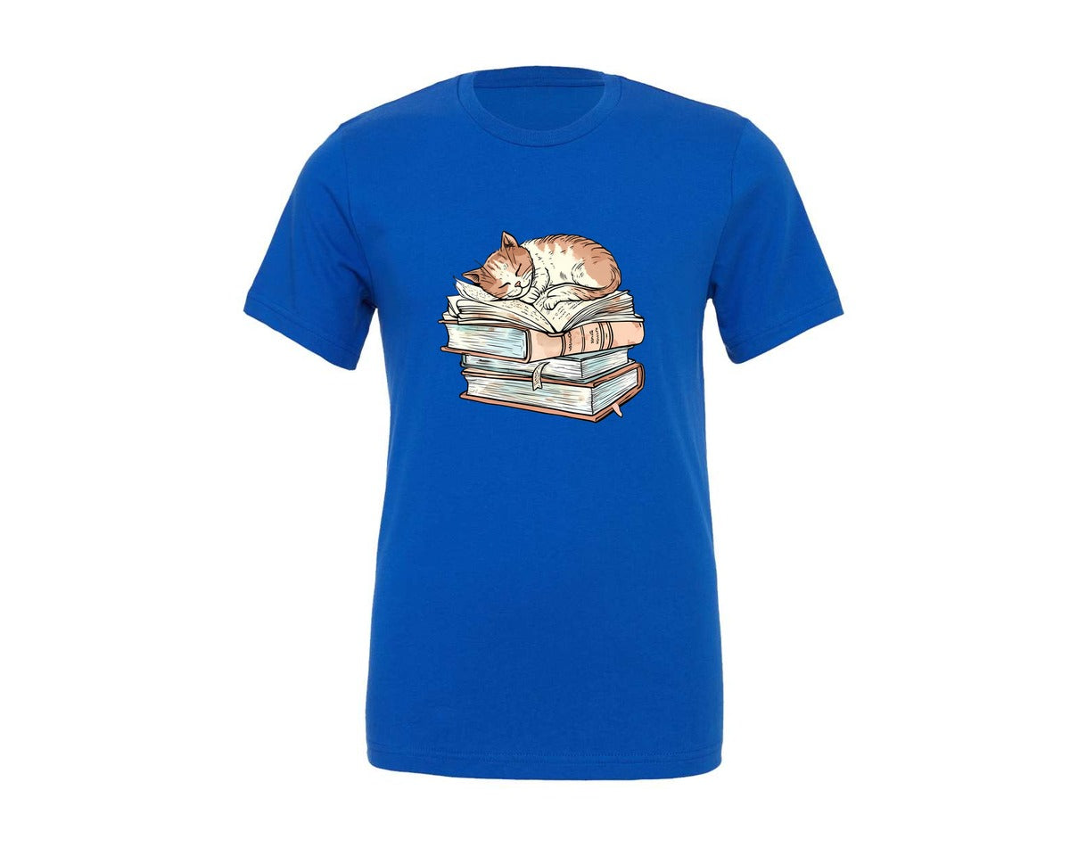 brand:Generic|color:True Royal Blue|cat-on-books-sleeping-cat-graphic-t-shirt