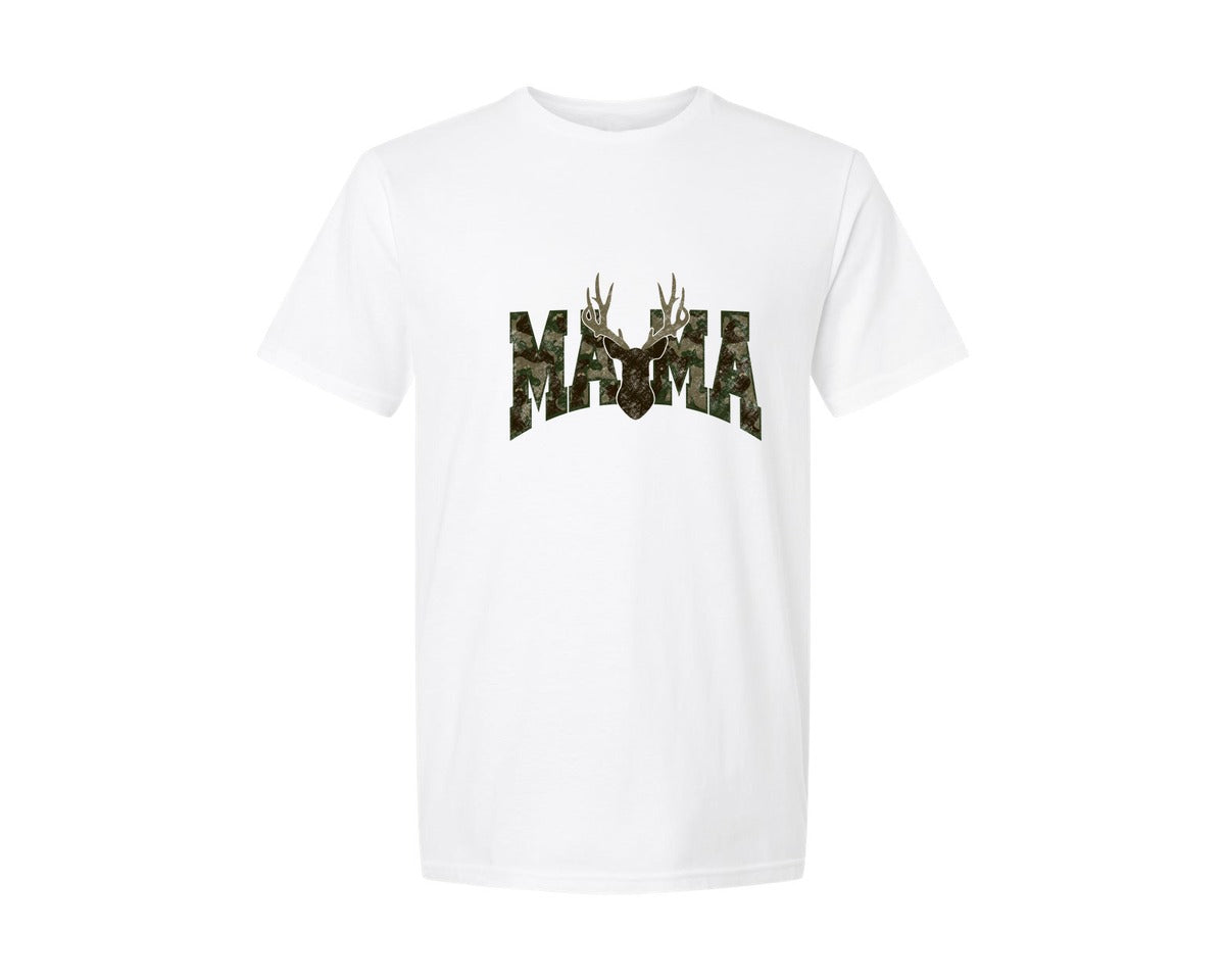 brand:Generic|color:White|camo-mama-varsity-hunting-graphic-t-shirt