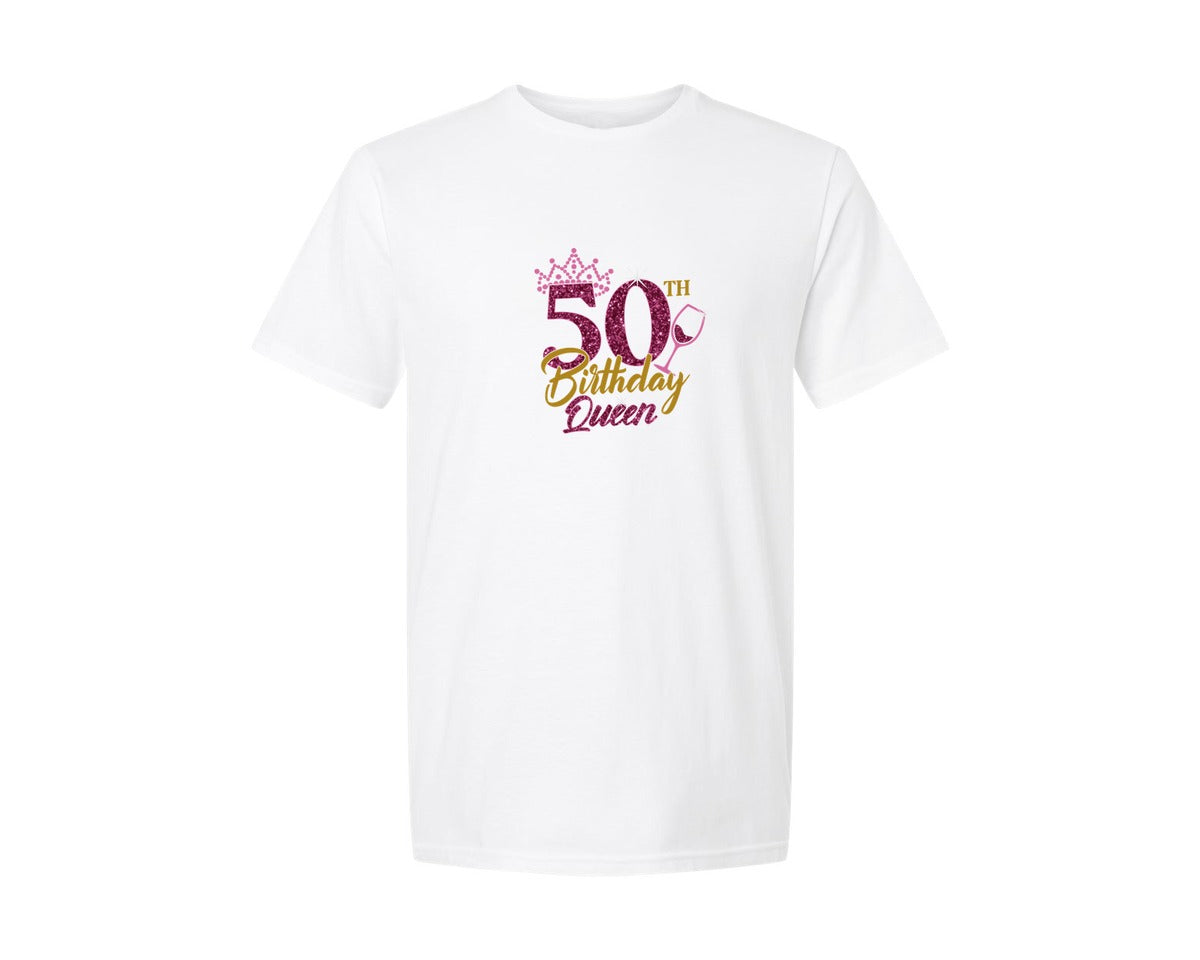 brand:Generic|color:White|50th-birthday-queen-rhinestone-shirt-graphic-t-shirt