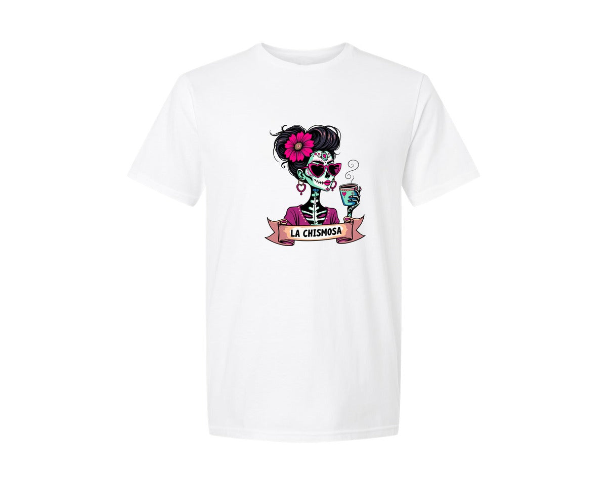 brand:Generic|color:White|la-chismosa-latina-mexican-sugar-skull-graphic-t-shirt